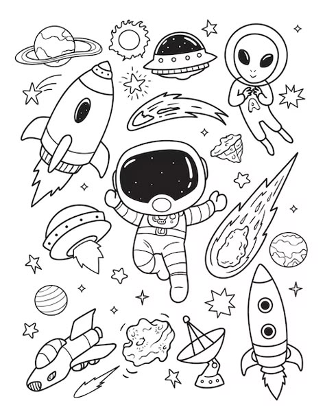 Astronaut Doodle Cute, Cute Outer Space Doodles, Doodle Space Drawings, Drawing Of Outer Space, Outer Space Drawing Ideas, Drawing Space Ideas, Cool Space Drawings, Space Doodles Easy, Cute Space Drawings