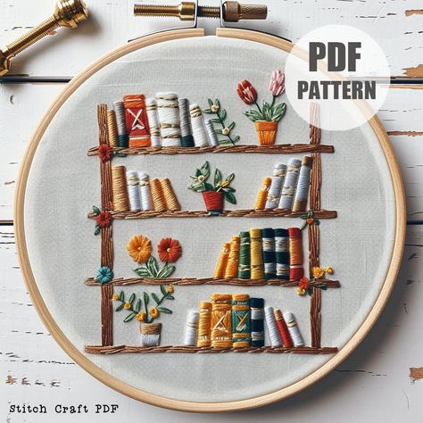 Books collection Embroidery Pattern, Modern Embroidery, Unique Embroidery Design, DIY Book Lover Gift Embroidery, Library Embroidery art by StitchCraftPDF on Etsy Bookshelf With Books, Cozy Bookshelf, Bookshelf Pattern, Books And Plants, Embroidery Unique, Gift Embroidery, Teacher Ornaments, Diy Embroidery Designs, Unique Embroidery