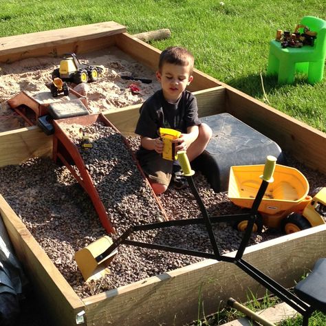 Dual sandbox/gravel pit! Highly recommend for anyone with a dirt loving boy!! Outdoor Kids Play Area, Gravel Pit, Kids Yard, Outdoor Play Space, Play Area Backyard, Backyard Kids Play Area, Outdoor Play Spaces, Outdoor Play Areas, Kids Outdoor Play