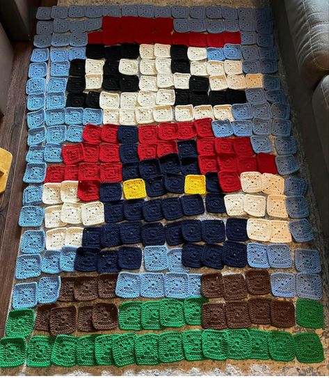 Crochet Mario Granny Square, Super Mario Crochet Blanket Patterns Free, Mario Cart Crochet, Mario Crochet Ideas, Super Mario Crochet Blanket, Mario Crochet Blanket Pattern Free, Crochet Character Blanket, Mario Granny Square, Crochet Ideas For Brother