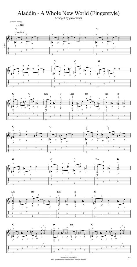 Easy fingerstyle guitar version with detailed fingerings on this famous song piece "Aladdin - A Whole New World". The piece was arranged in G major key. As written in the tabulature, it can be played in Ab major key by putting the capo on the 3rd fret position. Buy this guitar TAB at below link, www.musicnotes.com/l/KvcM8 Easy Fingerstyle Guitar Songs, Guitar Music Sheets, Disney Guitar Tab, Easy Fingerstyle Guitar Tab, Guitar Fingerstyle Tab, Where Is My Mind Tabs Guitar, Disney Guitar, Fallen Down Guitar Tab, Guitar Fingerstyle