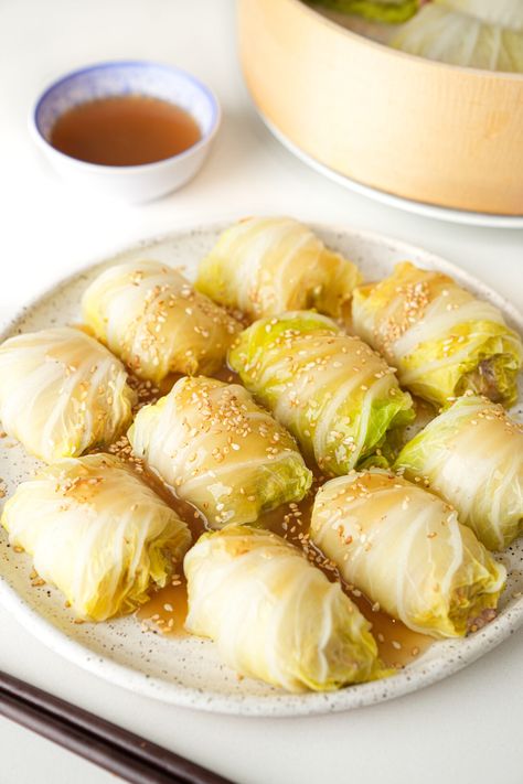 Healthy Steamed Cabbage Rolls - One Happy Bite How To Steam Cabbage For Cabbage Rolls, Steamed Cabbage Recipe Healthy, Shrimp Cabbage Rolls, Cabbage Dumpling Rolls, Steam Recipes Healthy, Steamed Cabbage Rolls, Rolled Cabbage, Steamed Cabbage Recipe, Steam Vegetables Recipes