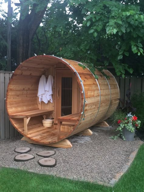 Barrel Sauna Pictures | Gallery | Saunafin Saunas Outdoor Saunas, Wooden Sauna, Backyard Spa, Sauna Diy, Sauna House, Hot Tubs Saunas, Barrel Sauna, Sauna Design, Outdoor Sauna