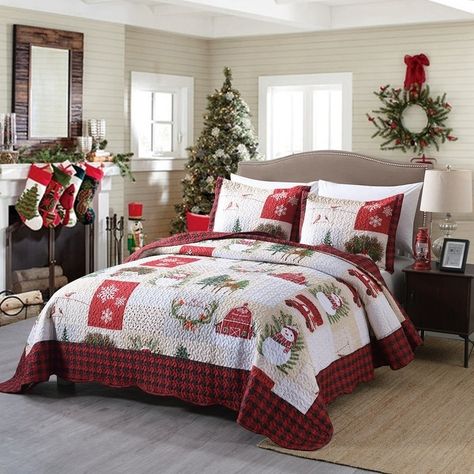 MarCielo 3 Piece Christmas Quilt Set Bedspread Set By013 - On Sale - Overstock - 32362035 - King Deer Quilt, Christmas Bedding Set, Snowman Quilt, Christmas Bedding, Coverlet Bedding, Bed Throw Blanket, Christmas Bedroom, Quilted Sham, Quilted Bedspreads