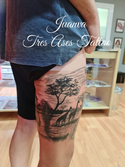 Africa Safari Tattoo, Safari Leg Sleeve, Headphones Tattoo, Africa Tattoos, Best Leg Tattoos, Animal Sleeve Tattoo, Lash Quotes, Tattoos For Black Skin, Leg Sleeve