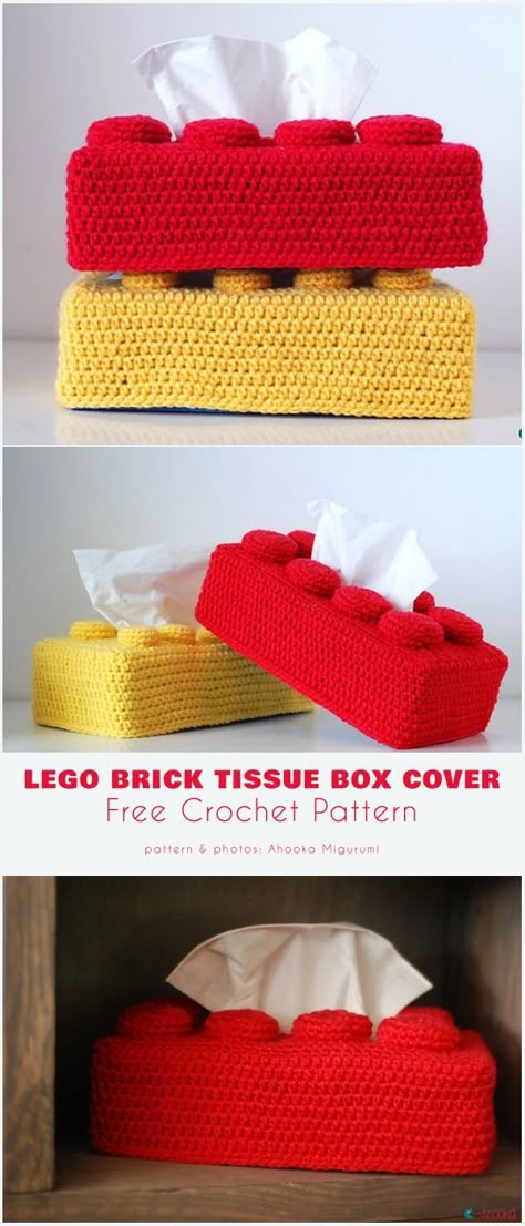 Crochet Lego Tissue Box Cover, Cute Crochet Tissue Box Cover, Lego Tissue Box Cover Bricks, Crochet Around The House, Tissue Box Crochet Pattern Free, Crochet Gift Box Free Pattern, Crochet Remote Cover, Cool Crochet Ideas Creative, Tissue Box Covers Crochet