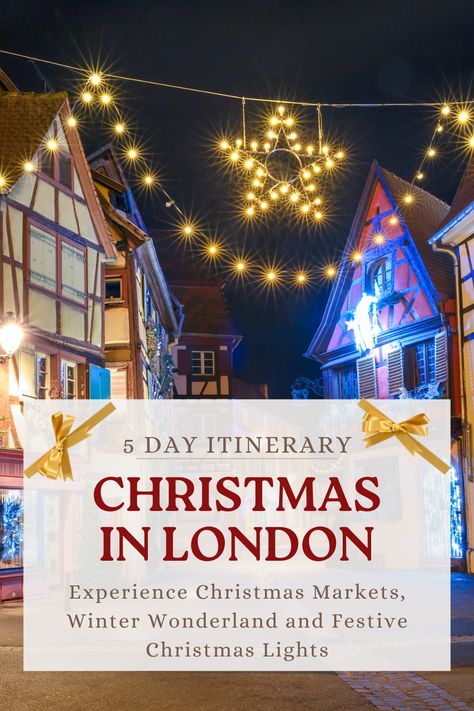 Follow this 5 day itinerary to experience the best Christmas in London! From the dazzling Christmas lights across London’s iconic streets to festive shopping at the city’s best Christmas markets, this guide has you covered. Visit Winter Wonderland, explore Christmas at Kew, and enjoy a magical day at Harry Potter Studios. Your London Christmas adventure starts here! | London at Christmas | Things to Do in London at Christmas | Christmas in London | London Winter Itinerary | London Christmas London Christmas Itinerary, London For Christmas, London Christmas Markets, Christmas Itinerary, Winter Wonderland Hyde Park, London Christmas Market, London Lights, London In Winter, Bucket List Christmas