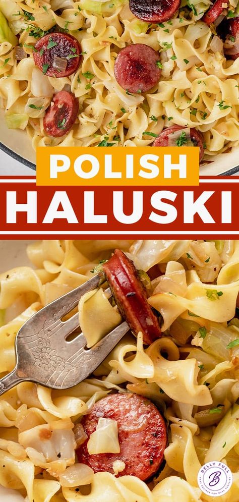 Haluski Fried Cabbage And Noodles With Sausage, Polish Sausage Cabbage Recipes, Traditional Haluski Recipe, Keilbasa Recipes Egg Noodles, Kielbasa Egg Noodles, Kielbasa Mushroom Pasta, Easy Haluski Recipe, Keilbasa And Noodles, Polish Cabbage And Noodles