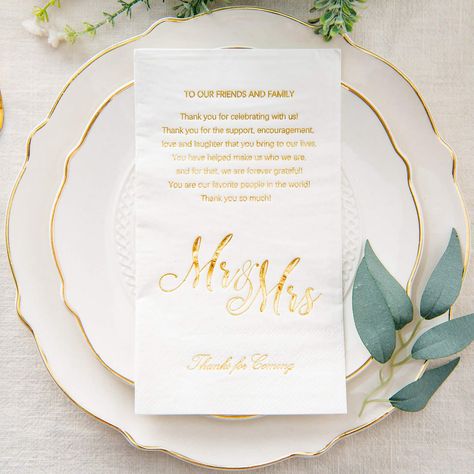 Wedding Dinner Napkins, Gold Theme Party, Napkin Rose, Rehearsal Dinner Decorations, Foil Dinners, Gold Foil Design, Napkins Wedding, Dinner Decoration, Engagement Party Decorations