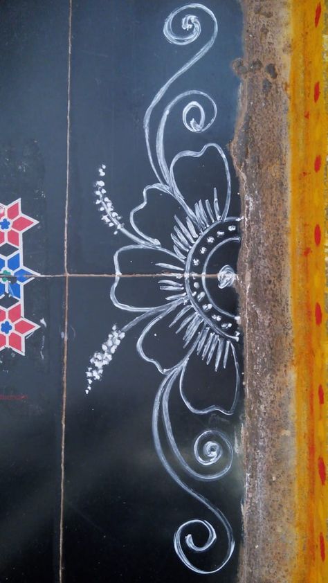 SreeVeera's border rangoli Rangoli Designs With Chalk Piece, Simple Rangoli Border Designs Easy, Line Rangoli Design, Boarder Rangoli Design, Side Designs For Rangoli, Door Border Rangoli Designs, Mugullu Rangoli Designs, Border Design Rangoli, Side Border Rangoli Designs