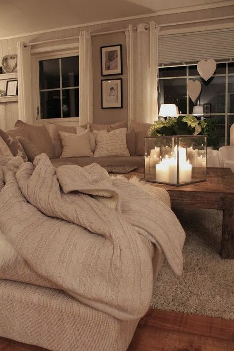 Cozy Living Area// I REALLY like that coffee table and the candle lantern thingy!  I dig the soft beige colors too! Candle Lighting, Romantic Ideas, Valentines Decor, Valentines Ideas, Updating House, Decor Minimalist, Home Design Decor, Ikea Hacks, A Living Room