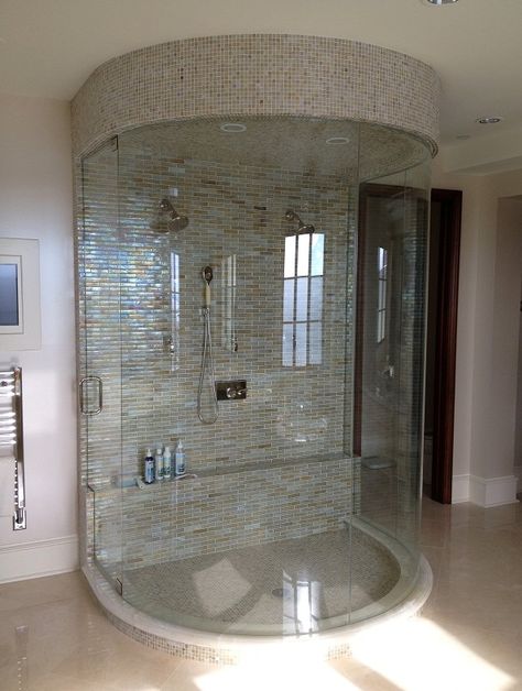 Custom circular shower door. Great bathroom design! | Calgary's House of Mirrors Semi Circle Shower Enclosure, Circular Shower Enclosure, Shower Cabin Glass Design, Artsy House, Frameless Glass Shower Doors, House Of Mirrors, Classical Interior Design, Custom Shelves, Glass Shower Doors Frameless