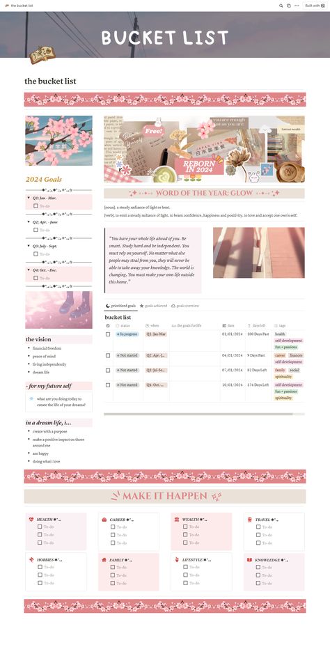 Aesthetic Pink Design: The Bucket List — Noti Notion Widgets Aesthetic, Bucket List Design, Vision Board Notion, Library Goals, Pink Notion, Notion Inspiration, Journal Notion, Notion Workspace, Notion Tips