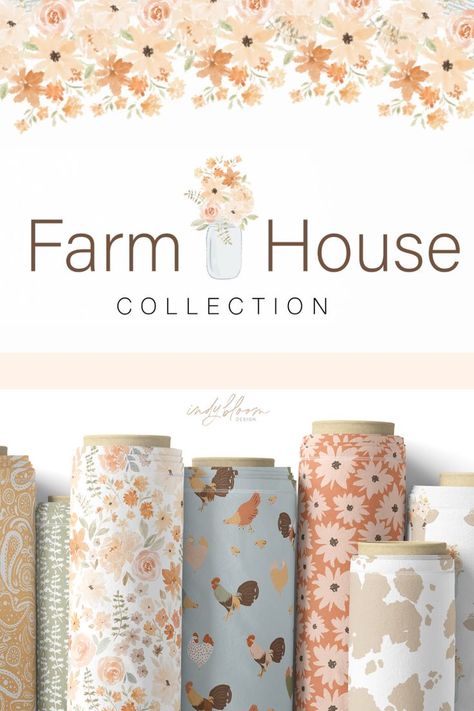 Farmhouse fabric design collection with floral, chicken, cow, and paisley pattern fabric. Nursery Sewing Patterns, Simple Patchwork Quilt, Summer Sewing Projects, Colorful Hairstyles, Farm Quilt, Sewing Cushions, Farmhouse Fabric, Summer Sewing, Quilt Fabric Collections