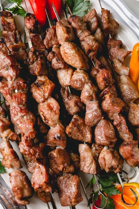 Grilled pork kebabs (shashlik, in Russian) is the summer staple! Here’s how to make the juiciest and most tender grilled pork skewers with simplest marinade. #porkkebabs #shashlik Vegetables Platter, Russian Dinner, Grilled Pork Skewers, Best Grilled Vegetables, Pork Kebabs, Russian Heritage, Grilled Vegetable Recipes, Heritage Recipes, Pork Skewers