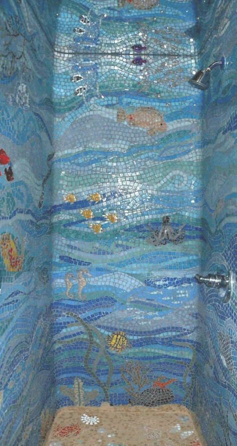 MORNING SMILE Shower Mosaic, Sand Floor, Sea Glass Mosaic, Mosaic Tile Designs, Mosaic Bathroom, Mosaic Madness, Beach Bathrooms, Mosaic Projects, Mosaic Designs