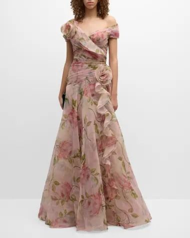 T5RM7 Rickie Freeman for Teri Jon Pleated Off-Shoulder Floral-Print Organza Gown Organza Gown, Organza Gowns, Pleated Gown, Pink Bridesmaid Dress, Teri Jon, Mother Of Groom Dresses, Floral Wedding Dress, Groom Dresses, Mob Dresses