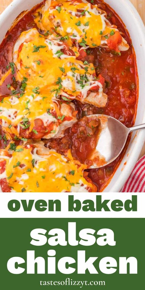 If you are looking for a great tasting weeknight dinner, this Baked Salsa Chicken is it. Salsa, cheese and cilantro make for an easy & delicious meal. Chicken With Salsa And Cheese, Salsa And Chicken Recipes, Quick And Easy Dinner Recipes For Two Chicken Oven Baked, Chicken Breast Recipes Low Sodium, Salsa Chicken Oven, Chicken Salsa Bake, Spanish Baked Chicken, Chicken And Salsa Recipe, 2 Person Dinner Recipes