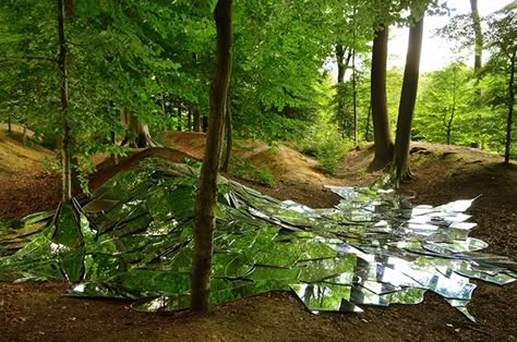 Forest Art Installation, Mirror In Nature, Mirror In Forest, Earth Installation, Mirror Forest, Nature Installation, Forest Mirror, Leaf Artwork, Mirror Installation