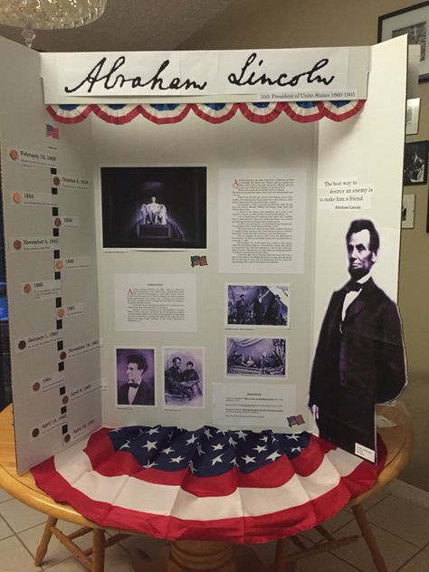 Abraham Lincoln. Wax museum school project. Trifold School Project Ideas, Abraham Lincoln Wax Museum Project, Abraham Lincoln Poster Board Projects, Cool Poster Ideas For School Projects, School Museum Ideas, Living Wax Museum Project Kids, Wax Museum Poster Board Ideas, Abraham Lincoln Project, Poster School Project Ideas