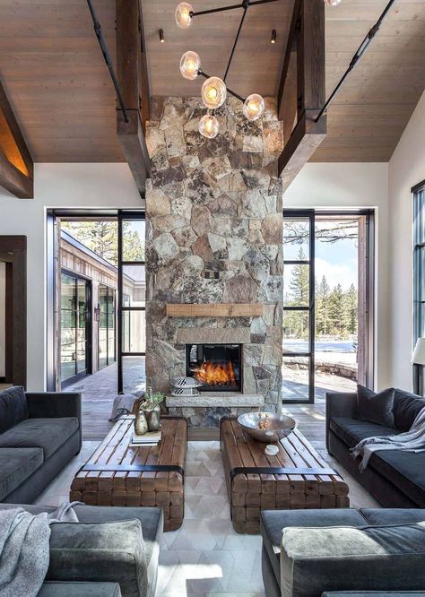 Cozy mountain retreat with Scandinavian vibe on beautiful Lake Tahoe Contemporary Cabin, Stone Fireplaces, Modern Mountain Home, Mountain Living, Modern Mountain, Lodge Decor, Mountain Retreat, Mountain Home, Mountain House