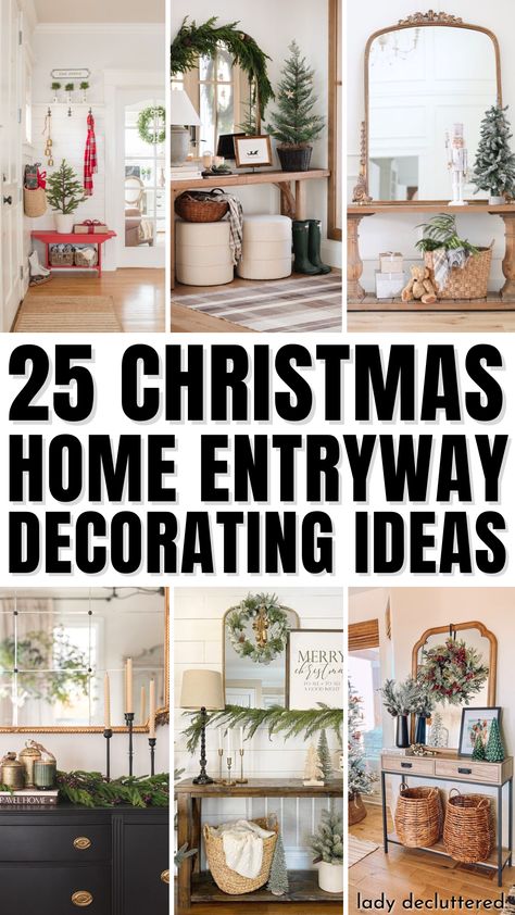 25 Christmas Home Entryway Decorating Ideas Christmas Entryway Table Decor With Mirror, Christmas Decor Ideas Foyer Table, Decorative Entry Table, Christmas Credenza Decor Ideas, Entryway Christmas Table Decor, Christmas Decor Hallway Table, Mudroom Christmas Decor Ideas, Hallway Decor Christmas, Christmas Front Table Decor