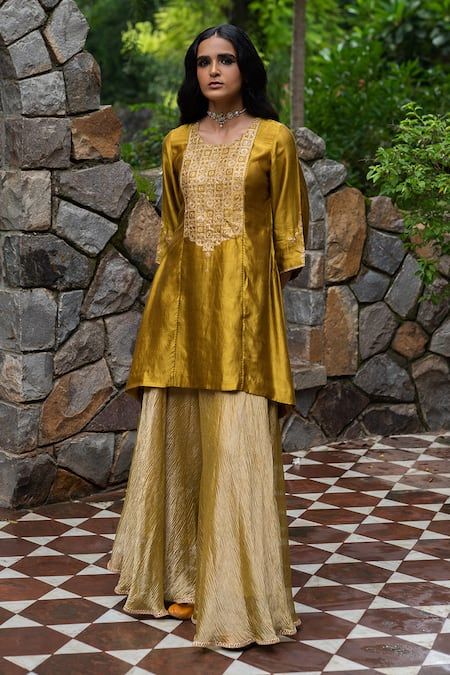 Buy Yellow Silk Embroidery Floral Round Yoke Kurta Sharara Set For Women by Deep Thee Online at Aza Fashions. Yoke Embroidery, Molten Gold, Kurta Sharara Set, Kurta Sharara, Polka Dot Maxi Dresses, Silk Kurta, Yellow Silk, Designer Party Wear Dresses, Boutique Dress Designs