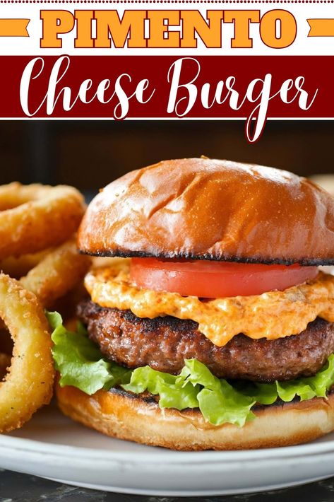 This drool-worthy pimento cheese burger is juicy, meaty, and just a little spicy. And when you add those crisp veggies on top? Pure burger perfection! Pimento Cheeseburger, Pimento Cheese Burger, Homemade Pimento Cheese, Pimento Cheese Spread, Cheese Burgers, Bison Burgers, Griddle Recipes, Burger Sliders, Turkey Cheese