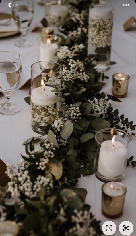 Olive Green Wedding Centerpieces, Natural Color Wedding Theme, Babies Breath And Eucalyptus Centerpiece, Woodsy Wedding Table Decor, Wedding Foliage Decor, Eucalyptus Centerpiece Long Table, Earthy Wedding Florals, Succulent Table Arrangements, Wedding Decorations Green And White