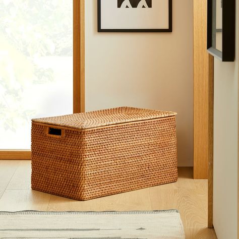 Modern Weave Rattan Storage Bins Collection - Natural | West Elm Lake Bedroom, Gluten Free Italian, Weave Basket, Basket Collection, Bathroom Organization Ideas, Storage Cubby, Lidded Baskets, Mid Century Living, Woven Baskets Storage