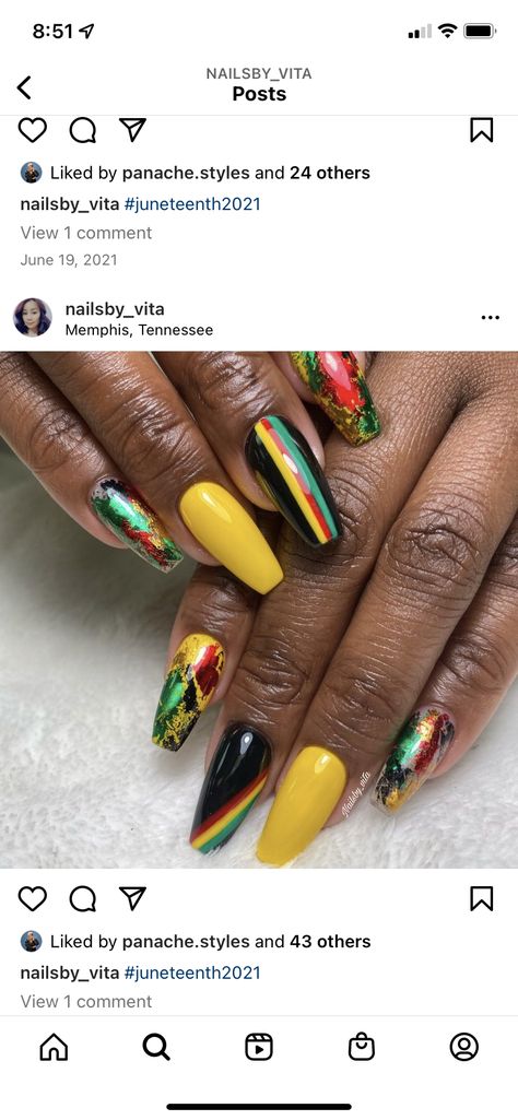 Africa Nails Art, Colombian Inspired Nails, Wakanda Nails Designs, Rasta Nail Art, Grenada Nails, Ghana Nail Designs, Black Love Nails, Raggae Nails, Mlk Nails