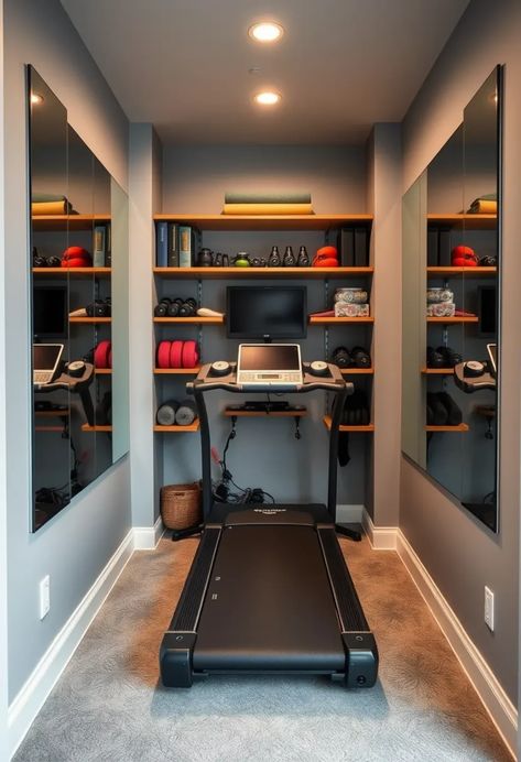 25+ Small Home Gym Ideas That Make Fitness Fun and Easy Basement Bar And Workout Room, Small Gym In Basement, Minimalist Workout Room, Basement Gym No Windows, Small Basement Workout Space, Small Space Home Gym Ideas, Home Workout Room Ideas Small Spaces, Finished Basement Gym Ideas, Basement Gym And Family Room Combo