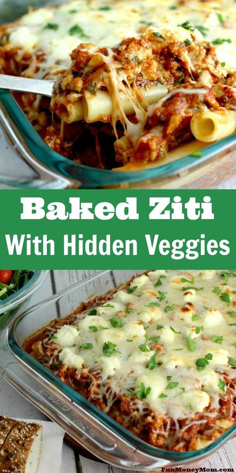 Having trouble getting your picky kids to eat their veggies? You can trick them with pasta dishes every time! Hide the veggies in this delicious baked ziti recipe and they'll never know the difference. Baked Ziti With Veggies, Hidden Veggies Recipes, Hiding Veggies In Food, Hidden Veggies For Kids, Baked Ziti With Spinach, Bake Ziti, Zucchini And Mushrooms, Kid Cooking, Cooking Veggies