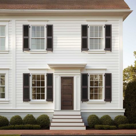 How Colonial Window Trim Exterior Transforms Modern Homes • 333+ Images • [ArtFacade] Colonial With Shutters, Framed Exterior Windows, Colonial Exterior Window Trim, Classic Window Design Exterior, Colonial Window Trim, House Trim Exterior, Colonial Revival Exterior, Colonial Home Renovation, Colonial Front Door