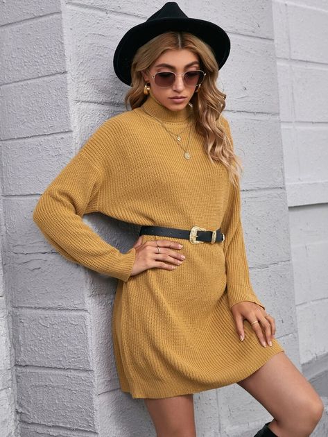 Yellow Sweater Dress Outfit, Turtle Neck Dress Outfit, Yellow Sweater Dress, Mustard Sweater, Belted Sweater, Sweater Dress Outfit, Fall Winter Dresses, Turtleneck Sweater Dress, Cardigan Sweater Dress