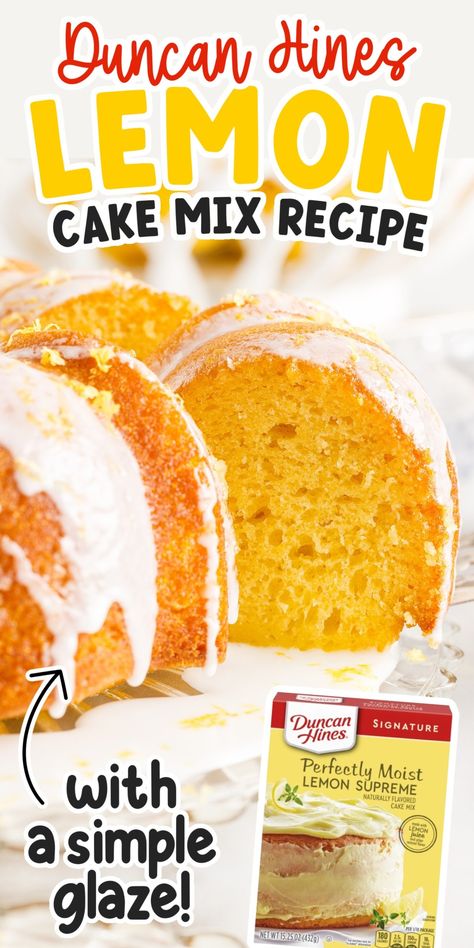 This delicious bundt cake is made with a lemon Duncan Hines cake mix and topped with a simple glaze that is bursting with the right amount lemon flavor. Cake Mix Mini Bundt Cake Recipes, Spice Cake Mix Recipes Duncan Hines, Betty Crocker Lemon Cake Mix Recipes, Cakes Made With Cake Mixes, Lemon Cake Mix Recipes, Bundt Cake Mix, Lemon Cake Mix Recipe, Mini Bundt Cakes Recipes, Yellow Cake Mix Recipes