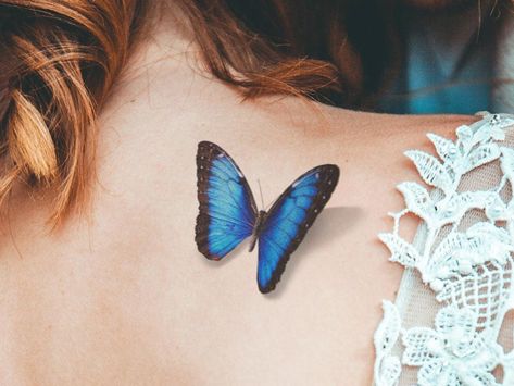 Blue Morpho Tattoo, Blue Morpho Butterfly Tattoo, Morpho Butterfly Tattoo, Butterfly Realistic, Morpho Azul, 3d Butterfly Tattoo, Blue Butterfly Tattoo, Mother Nature Tattoos, Tattoo Butterfly