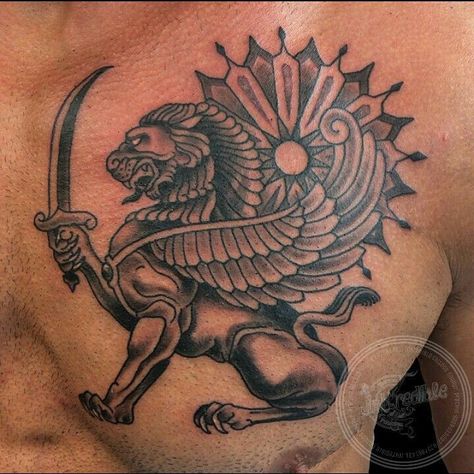 Persian Flag Tattoo, Persian Lion Tattoo, Persian Lion And Sun Tattoo, Persian Empire Tattoo, Lion Sun Tattoo, Lion And Sun Tattoo, Farvahar Tattoo, Iranian Tattoo Ideas, Lion And Sun Flag