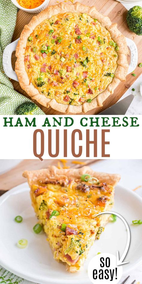 This Ham and Cheese Quiche recipe is a flavorful version of the brunch menu staple. A mixture of cheesy eggs, ham and seasonings are baked in a pie crust for an easy quiche that'll impress any brunch guest! Ham And Cheddar Quiche, Cheddar Quiche, Cheese Quiche Recipe, Ham And Cheese Quiche, Easy Quiche, Cheesy Eggs, Easy Ham, Cheese Quiche, Quiche Recipe