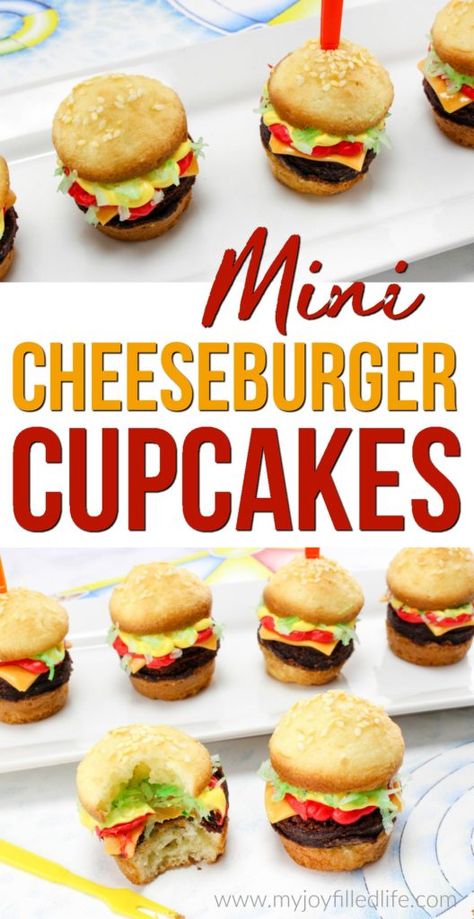 Mini Cheeseburger Cupcakes are the perfect treat for your next picnic or BBQ - easy to make, super cute, and yummy! #cupcakes Cheeseburger Cupcakes, Burger Cupcakes, Hamburger Cupcakes, Kids Cupcakes, Margaritaville Party, Summer Drive, Mini Cheeseburger, Burger Cake, Theme Cupcakes