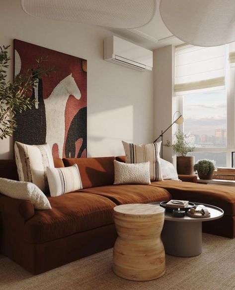 Tan Apartment Living Room, Stylish Small Apartment, Tangerine Couch Living Room, Tan Velvet Sofa Living Room, Copper Couch Living Room Ideas, Burnt Orange And Pink Living Room, Terrocata Living Room, Orange Wood Living Room, Copper Sofa Living Room Ideas