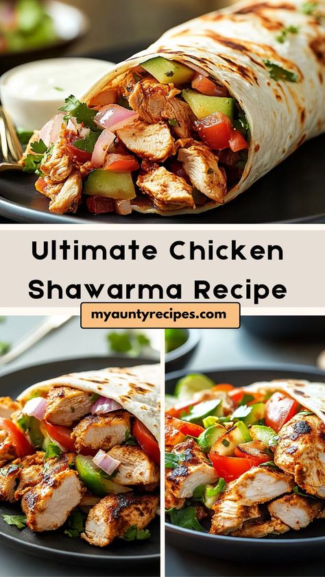 Spice up your dinner routine with our Flavor-Packed Chicken Shawarma Recipe! Tender, marinated chicken is grilled to perfection and served with pita, fresh veggies, and a rich garlic sauce. Full of bold flavors, this shawarma is perfect for a quick weeknight meal or meal prep. Add some hummus or tzatziki for an extra layer of flavor! Shawarma At Home, Chicken Shawarma Recipe, Tzatziki Recipes, Chicken Pita, Shawarma Recipe, Tasty Chicken, Chicken Shawarma, Quick Weeknight Meals, Cooking On The Grill