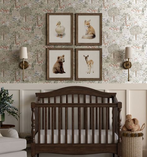 Nursery Ideas Antique, Traditional Boy Nursery, Earthy Nursery Ideas, Vintage Style Nursery, Thrifted Nursery, Classic Boy Nursery, Vintage Woodland Nursery, Brown Nursery Ideas, Vintage Baby Boy Nursery