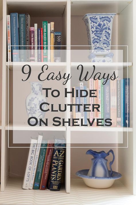 9 Easy Ways To Hide Clutter On Shelves | Looking for some ways to keep your bookshelves looking neat, but still need the storage? Click here to find easy ways to hide clutter on shelves. Shelves With Wallpaper, Cover Shelves, Office Design Diy, Hide Clutter, Hiding Ugly, Hidden Book, Shelf Cover, Hidden Shelf, House To Home