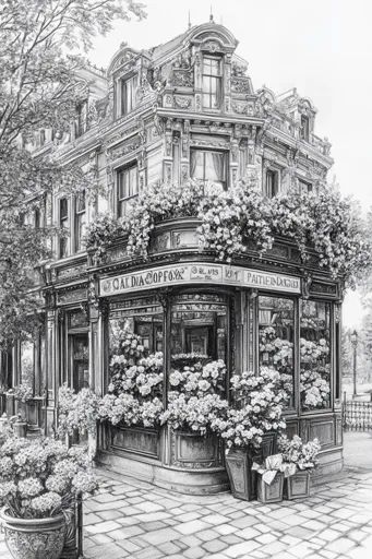 ↑↑↑ Larger size on website 🔸 A detailed pencil drawing of a flower shop on a corner street. The shop is ornate, with intricate de 🔸 From Midjourney AI Image Corner Street Drawing, Corner Street, Drawing Of A Flower, Inspo Drawing, Cobblestone Street, Vines And Flowers, Pen Art Work, Corner Shop, Street Corner