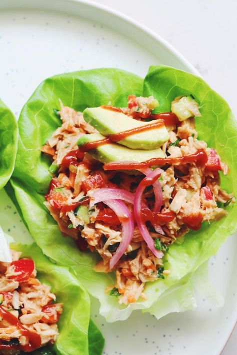 Thai Inspired (Canned) Tuna Lettuce Wraps - Grilled Cheese Social Tuna Salad Lettuce Wraps, Tuna Salad Lettuce, Tuna Lettuce Wraps, Peanut Sauce Noodles, Easy Peanut Sauce, Tuna Wrap, Chopped Veggies, Salad Lettuce, Specialty Sandwiches