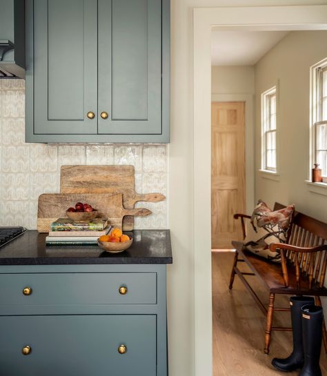 A Shaker-Style Tennessee Ranch House Renovation - The Interior Collective Shaker Style Home, Ranch House Renovation, Tennessee Ranch, Robins Egg Blue Kitchen, Egg Blue Kitchen, Updated Tudor, Barndo Kitchen, Shaker House, Farrow And Ball Kitchen