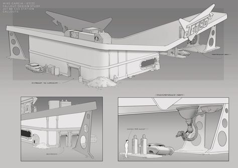 ArtStation - Design Study - Fallout gas station Gas Station Concept Art, Gas Station Architecture, Modern Gas Station Design, Gas Station Design Architecture, Gas Station Plan, Drive Thru Coffee, Design Language, Fallout, Gas Station