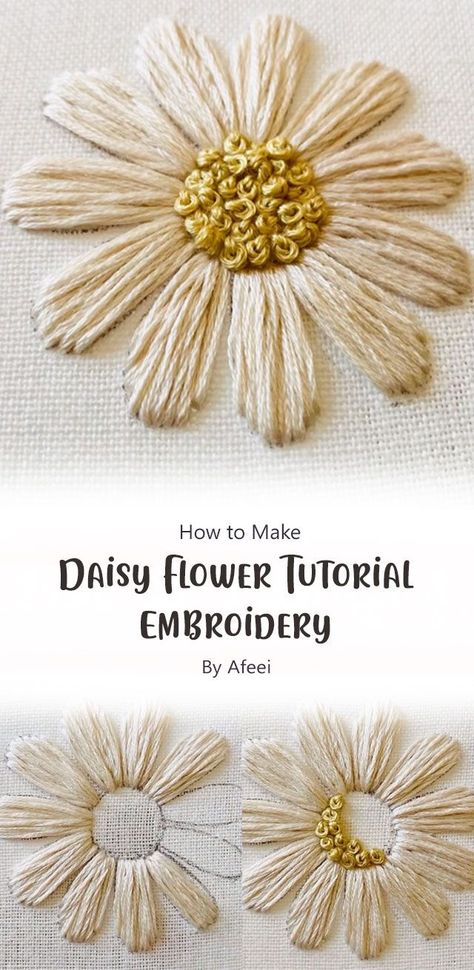 Daisy Flower Tutorial - Embroidery By Afeei | Hand embroidery tutorial, Hand embroidery patterns free, Embroidery tutorials . #How_To_Embroider_Daisy_Flowers #Embroidery_Flower_Center #Printable_Flower_Embroidery_Patterns #Flower_Patterns_For_Embroidery Daisy Flower Tutorial, Flower Hand Embroidery, Daisy Embroidery, Unique Cross Stitch, Hand Embroidery Patterns Free, Cross Stitch Tutorial, Tutorial Ideas, Cross Stitch Supplies, Hand Embroidery Tutorial