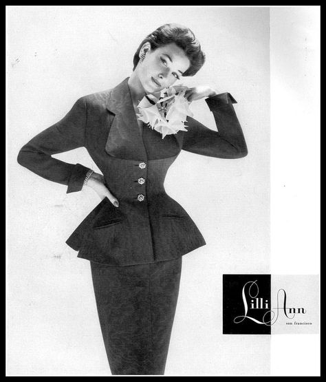 Dorian Leigh in moiré suit with peplum jacket and jeweled buttons, by Lilli Ann, Harper's Bazaar, October 1953 Lilli Ann Suit, 1952 Fashion, Dorian Leigh, Wasp Waist, 50s Glamour, 1950s Models, 50's Fashion, Lilli Ann, Fifties Fashion